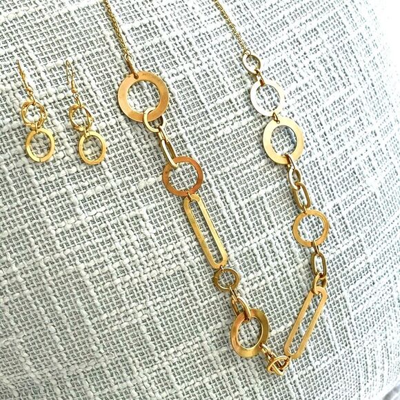 BANANA REPUBLIC | Chain Link Necklace Set w/ Gold Circle Drop Earrings Modern - Picture 1 of 4